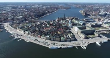 Stockholm Old Town and One of the most Famous City Island in Background. Sweden. Drone Point of View.