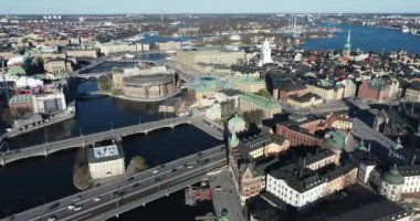 Stockholm Old Town and Royal Palace in Background. It is located in Gamla Stan Island in Stockholm, Sweden. Drone Point of View