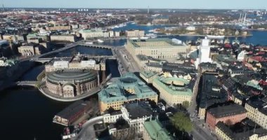 Stockholm Old Town and Royal Palace in Background. It is located in Gamla Stan Island in Stockholm, Sweden. Drone Point of View