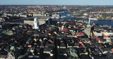 Stockholm Old Town and Royal Palace in Background. It is located in Gamla Stan Island in Stockholm, Sweden. Drone Point of View