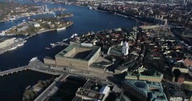 Stockholm Old Town and Royal Palace in Background. It is located in Gamla Stan Island in Stockholm, Sweden. Drone Point of View