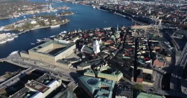 Stockholm Old Town and Royal Palace in Background. It is located in Gamla Stan Island in Stockholm, Sweden. Drone Point of View