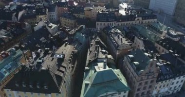 Stockholm Old Town and Royal Palace in Background. It is located in Gamla Stan Island in Stockholm, Sweden. Drone Point of View