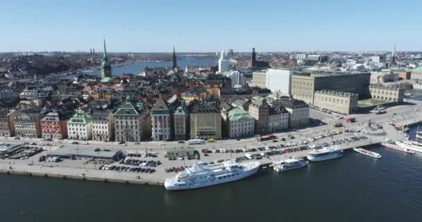 Стокгольм Cityscape Швеции Архитектура Старого Города Точка Зрения Дронов — стоковое видео