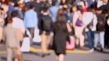Blurry People Are Crossing the Street in Tokyo Shinjuku Area. Business District. Rush Hour Time