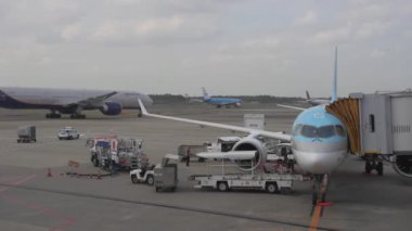 Korean Airlines airplane Airbus a220 arrived to Tokyo International Narita Airport. Ground Service is Working in Background. Aeroflot Airline Airplane is Taxing to take off