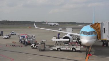 Korean Airlines airplane Airbus a220 arrived to Tokyo International Narita Airport. Ground Service is Working in Background. Japan Airline Airplane is Taxing to take off