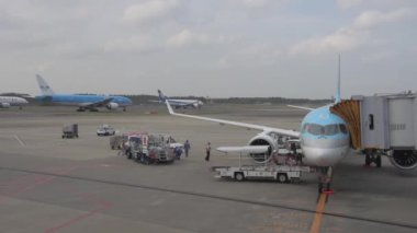 Korean Airlines airplane Airbus a220 arrived to Tokyo International Narita Airportand. Ground Service is Working in Background. ANA Airlines, KLM Airplane are Taxing to Take Off. Bright Sunny Day