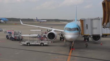 Korean Airlines airplane Airbus a220 arrived to Tokyo International Narita Airportand. Ground Service is Working in Background. ANA Airlines, Tokyo Airplane are Taxing to Take Off. Bright Sunny Day