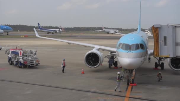 Korean Airlines Airplane Airbus A220 Arrived Tokyo International Narita Airportand — Stockvideo