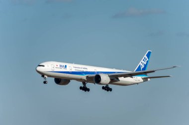 NARITA - JAPAN, JANUARY 25, 2017: JA733A Boeing 777 All Nippon Airways Landing in International Narita Airport, Japan.