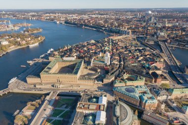 Stockholm Old Town and Royal Palace in Background. It is located in Gamla Stan Island in Stockholm, Sweden. Drone Point of View