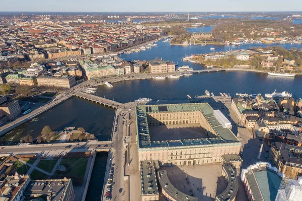 Stockholm Old Town and Royal Palace in Background. It is located in Gamla Stan Island in Stockholm, Sweden. Drone Point of View
