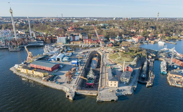 Ship Repair Dock Yard in Stockholm, Sweden. Drone Point of View