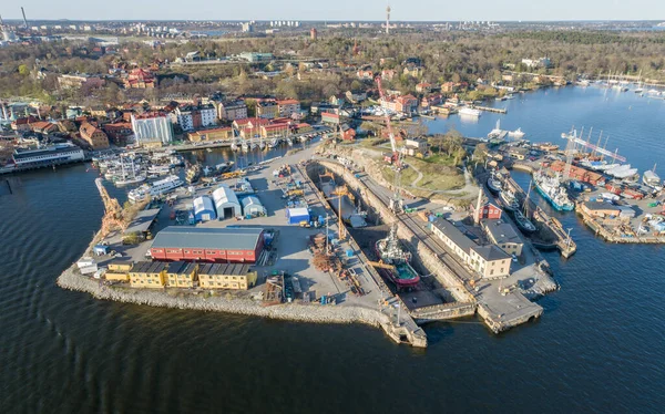 Ship Repair Dock Yard in Stockholm, Sweden. Drone Point of View