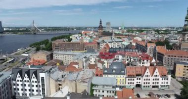 Riga City Old Town And Beautiful Architecture. Aerial View. Cityscape. Latvia. Drone Point of View