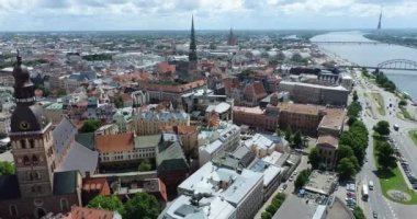 Riga City Old Town And Beautiful Architecture. Aerial View. Cityscape. Latvia. Drone Point of View