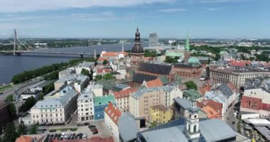 Riga City Old Town And Beautiful Architecture. Aerial View. Cityscape. Latvia. Drone Point of View