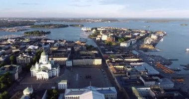 Helsinki Cityscape. Finland. Helsinki Cathedral, Old Town and South Harbor in Background. Sunset Colors. Drone Point of View.