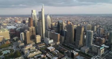 Philadelphia Cityscape with Skyscrapers and Logan Square Circle Fountain Delaware River in Sunny Day 4k