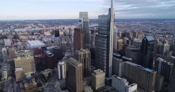 Letecký Pohled Obchodní Čtvrť Philadelphia Centrum Delaware River Radnice Pozadí — Stock video