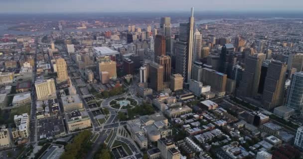 Philadelphia Cityscape Skyscrapers Background Golden Hour Light — стокове відео