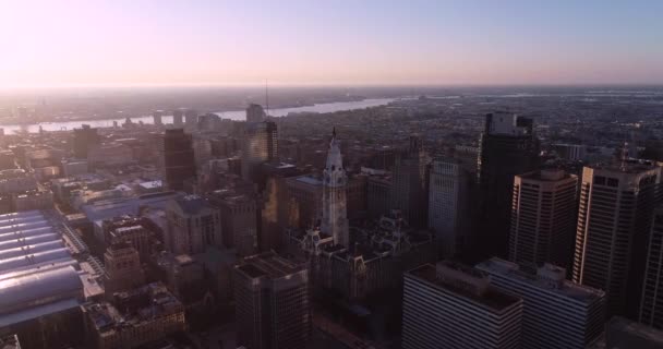 Philadelphia Pennsylvania City Scape Mooi Zonsondergang Licht Achtergrond Stadhuis Bronzen — Stockvideo