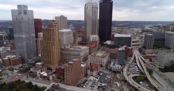 Pittsburgh Cityscape Pennsylvania Affärsdistriktet Centrum Skyskrapor Bakgrunden Drönarens Synvinkel — Stockvideo