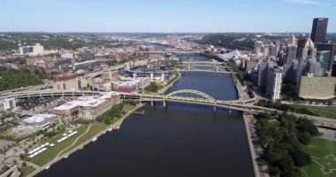 Aerial view of Pittsburgh, Pennsylvania. Daytime with business district and river in background
