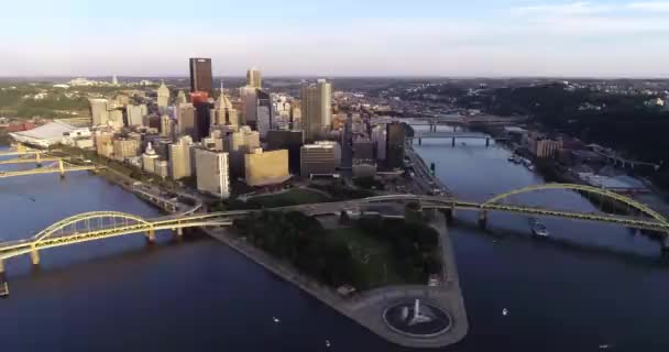 Aerial View Pittsburgh Pennsylvania Daytime Business District River Background — Video