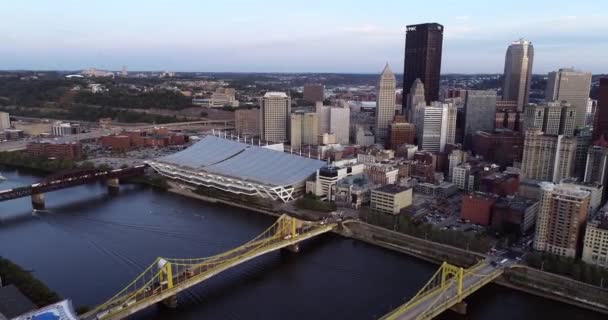 Luchtfoto Van Pittsburgh Pennsylvania Zakenwijk Allegheny Rivier Met Treinbrug Achtergrond — Stockvideo