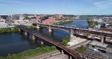 Aerial view of Pittsburgh, Pennsylvania. Daytime and Monongahela river and Subway train on Panhandle bridge in background