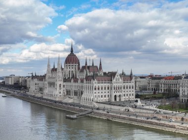 Budapest Skyline Hungarian Parliament Building and Danube River from a Drone Point of View