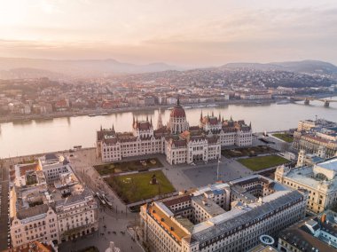 Awe Inspiring Drone Shot of Hungarian Parliament Building and Danube River in Budapest Cityscape from a Birds Eye View