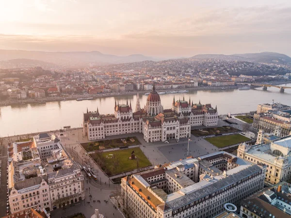 Awe Inspiring Drone Shot of Hungarian Parliament Building and Danube River in Budapest Cityscape from a Birds Eye View