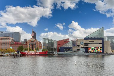 Baltimore, Maryland - October 03, 2019: View of Inner Harbor and Downtown Skyline Aerial in Baltimore, MD