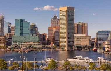 Baltimore, Maryland - October 04, 2019: View of Inner Harbor and Downtown Skyline Aerial in Baltimore, MD