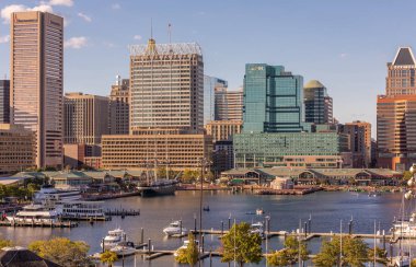 Baltimore, Maryland - October 04, 2019: View of Inner Harbor and Downtown Skyline Aerial in Baltimore, MD
