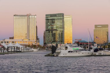 Baltimore, Maryland - October 04, 2019: View of Inner Harbor and Downtown Skyline Aerial in Baltimore, MD