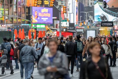 Manhattan, NYC - October 06, 2019: Crowded Manhattan Downtown in NYC. Tourist Walking on Famous Avenue