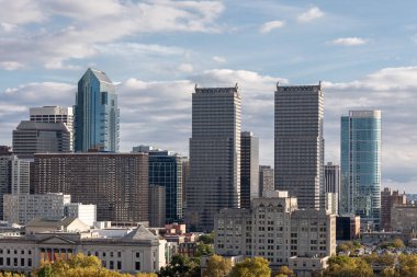 Philadelphia City Center and Business District Skyscrapers. Pennsylvania. Cloudy Blue Sky