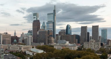 Philadelphia City Center and Business District Skyscrapers. Pennsylvania. Cloudy Blue Sky. Philadelphia Downtown. Sunset Time.