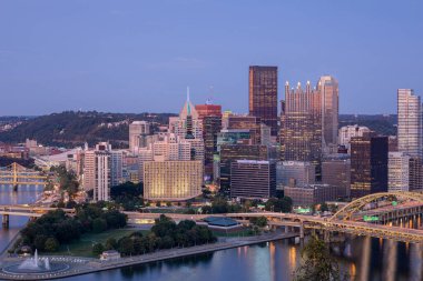 Cityscape of Pittsburgh and Evening Light. Fort Pitt Bridge in the Background. Beautiful Pittsburgh Skyline