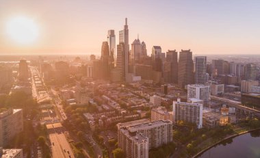Top View of Downtown Skyline Philadelphia USA. Beautiful Sunset Skyline of Philadelphia City Center, Pennsylvania. Business Financial District and Skyscrapers in Background.
