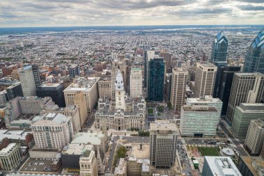 Top View of Downtown Skyline Philadelphia USA and City Hall. Skyline of Philadelphia City Center, Pennsylvania. Business Financial District and Skyscrapers in Background. Drone Point of View.