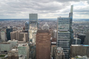 Philadelphia Skyline with Downtown Skyscrapers and Cityscape. Pennsylvania, USA. Reflection on Skyscrapers. Drone view of point.