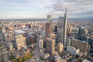 Top View of Downtown Skyline Philadelphia USA and City Hall. Skyline of Philadelphia City Center, Pennsylvania. Business Financial District and Skyscrapers in Background. Drone Point of View.