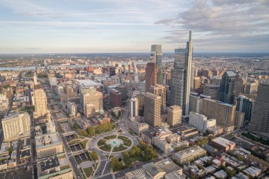 Top View of Downtown Skyline Philadelphia USA and City Hall. Skyline of Philadelphia City Center, Pennsylvania. Business Financial District and Skyscrapers in Background. Drone Point of View.