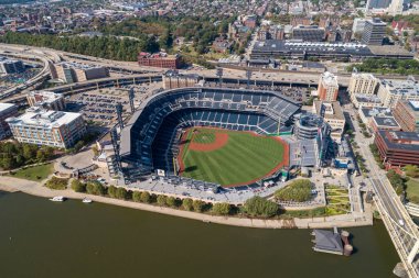 PNC Baseball Park in Pittsburgh, Pennsylvania. PNC Park has been home to the Pittsburgh Pirates since 2001. Drone Point of View