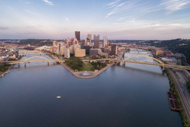 Aerial view of Pittsburgh, Pennsylvania. Business district Point State Park Allegheny Monongahela Ohio rivers in background.